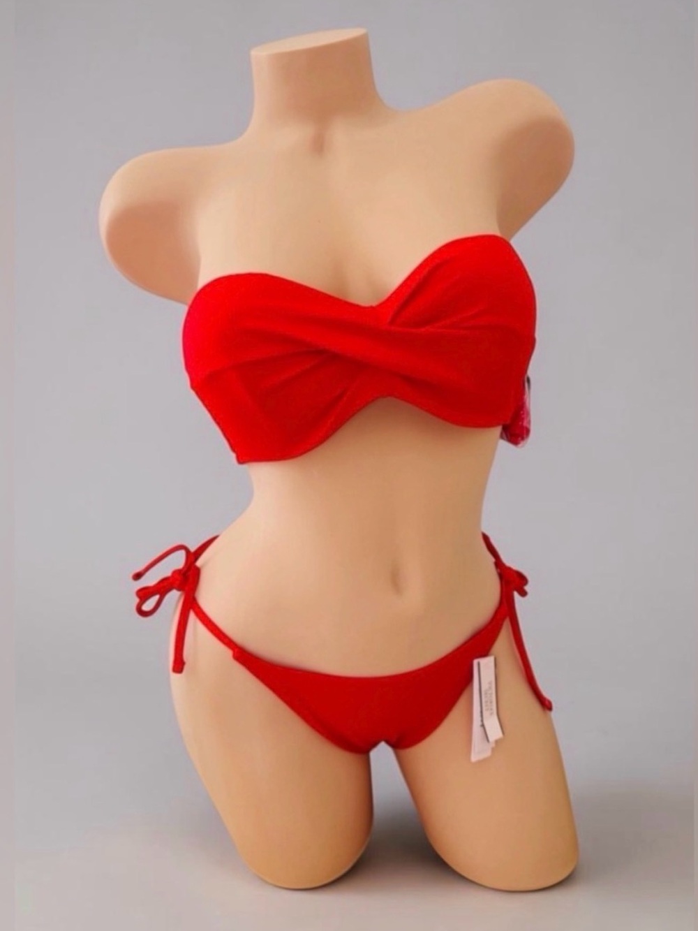 Victoria’s Secret Swim Twist Top 34D Ribbed Bandeau & Tie Bottom Medium Red
